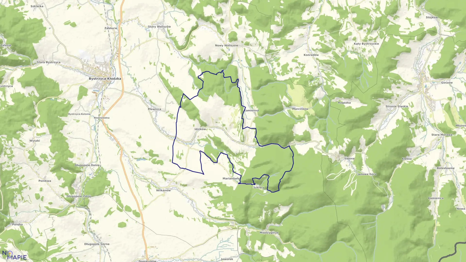 Mapa obrębu Idzików w gminie Bystrzyca Kłodzka