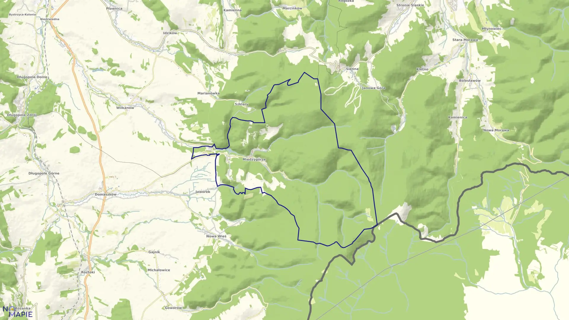 Mapa obrębu Międzygórze w gminie Bystrzyca Kłodzka