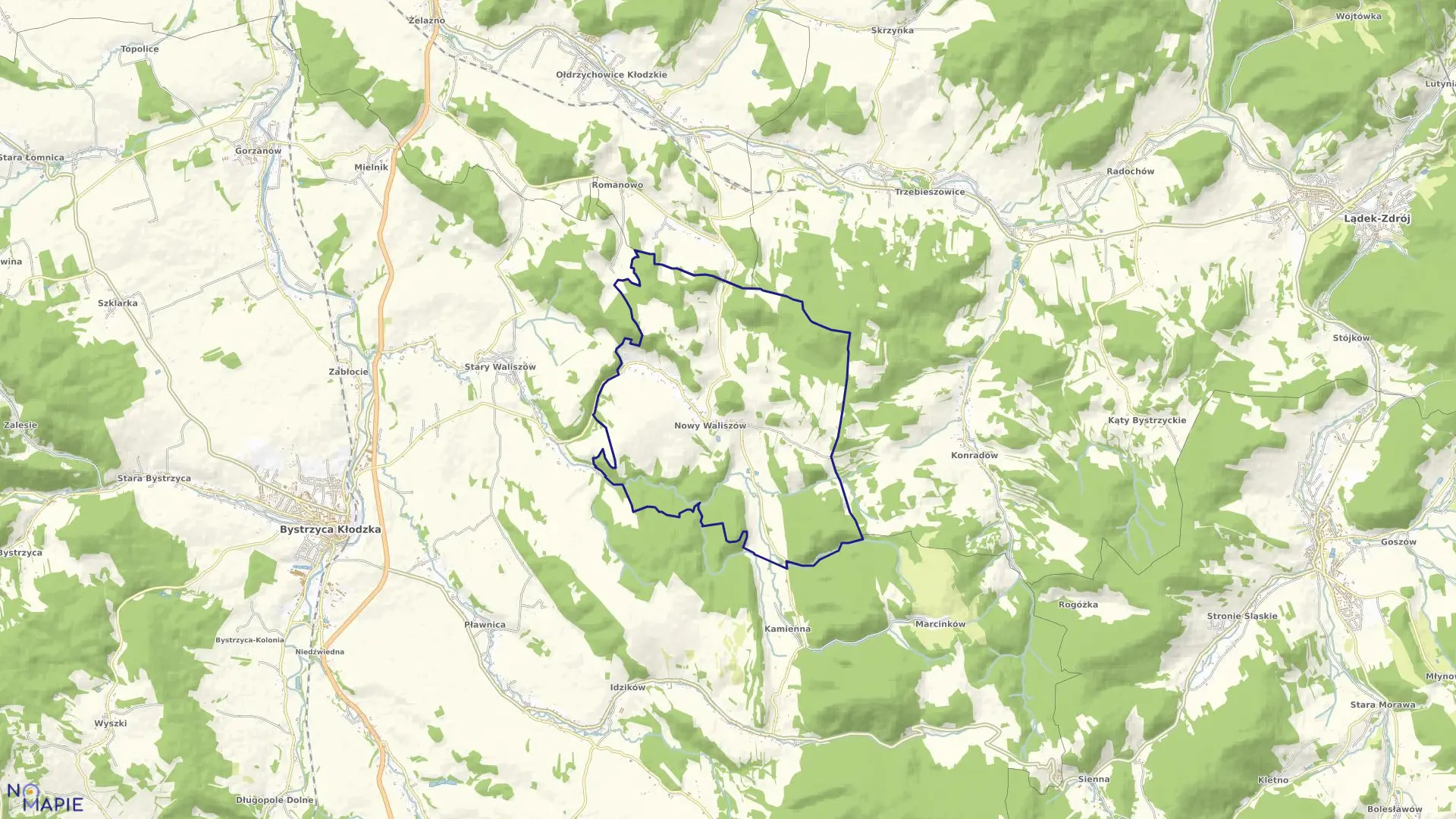 Mapa obrębu Nowy Waliszów w gminie Bystrzyca Kłodzka