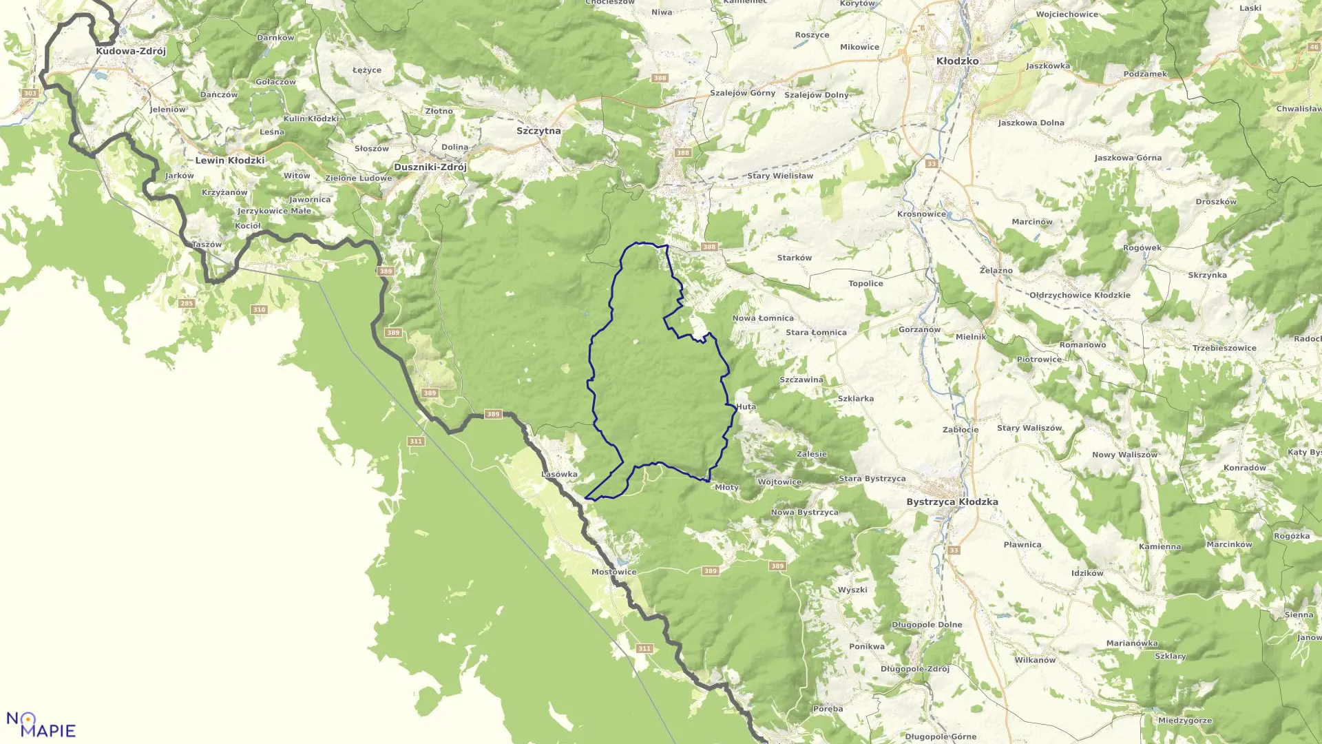 Mapa obrębu Pokrzywno Lasy w gminie Bystrzyca Kłodzka