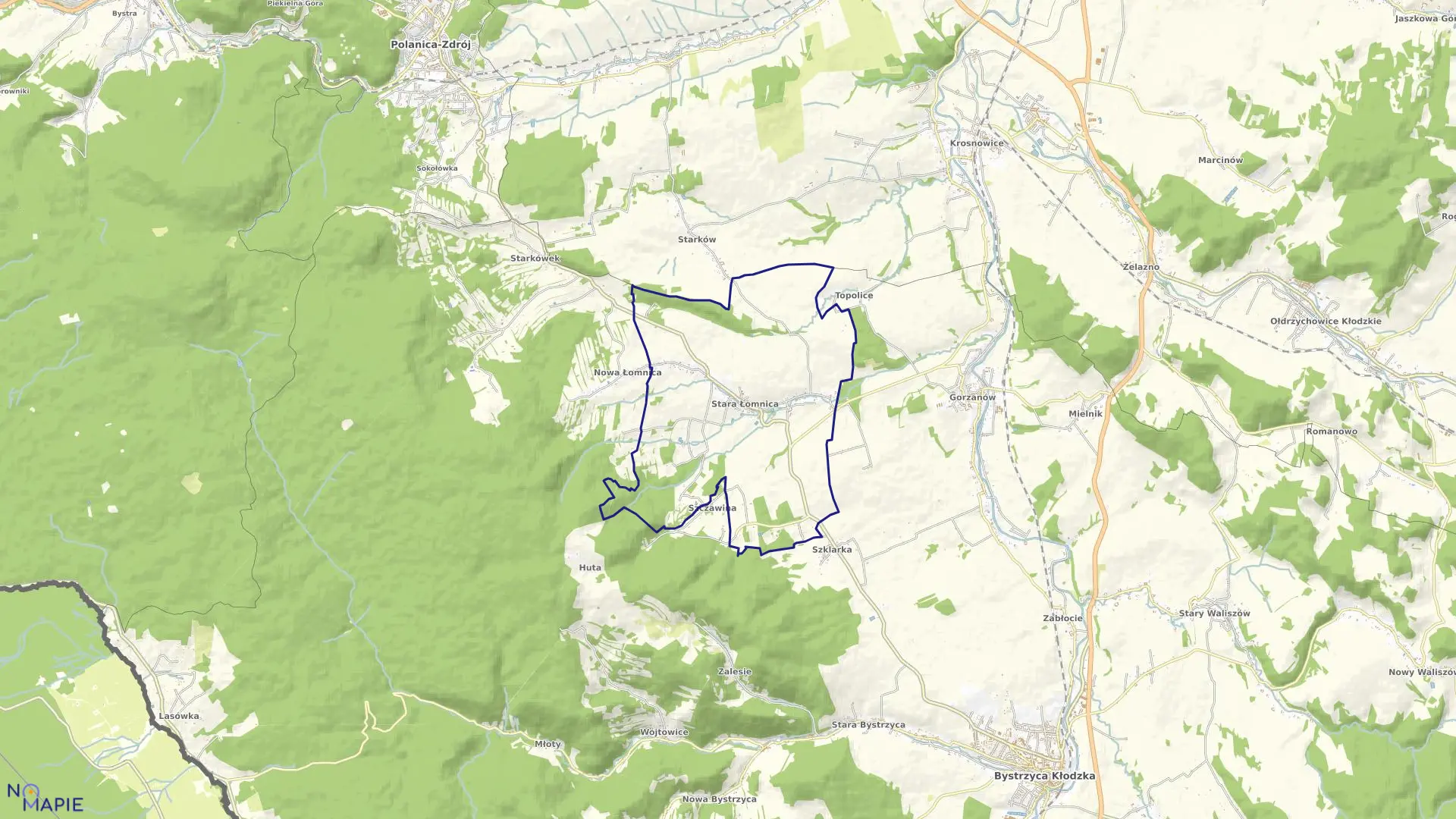 Mapa obrębu Stara Łomnica w gminie Bystrzyca Kłodzka